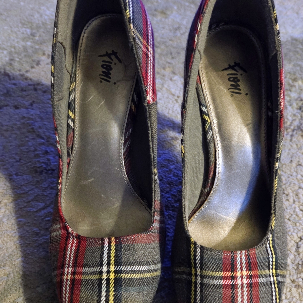 DONATED - FIONI Grey, Red and Yellow Plaid Heels